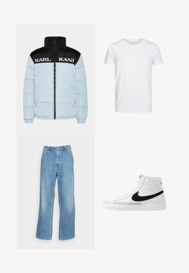 Veste matelassée bleu clair avec un col zippé noir et des manches. Présente un grand texte blanc "KARL KANI" sur la poitrine. Design texturé.; T-shirt à col rond à manches courtes de couleur blanche unie, fabriqué en coton doux, avec un design simple sans motifs ni accents visibles.; Jean large en denim bleu clair. Dispose d'une taille haute, d'une fermeture à bouton et d'un design classique à cinq poches. Texture lisse.; Baskets montantes blanches avec un swoosh noir, un capuchon de pied texturé gris et une semelle plate blanche. Elles possèdent six œillets et des accents cousus.