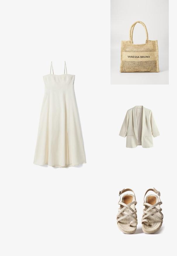 Blazer para mujer de color crema con mangas tres cuartos, cuello chal y dos bolsillos delanteros, fabricado con tela de lino.; Vestido midi blanco sin mangas con finas tiras ajustables y una discreta abertura frontal en la falda, mostrado sobre un fondo blanco.; Sandalias tejidas en color beige con diseño de tiras cruzadas, fabricadas con fibras naturales texturizadas, que cuentan con una suela plana y una correa ajustable en el tobillo.; Bolso tote tejido en color beige con dos asas y "VANESSA BRUNO" impreso en negro sobre un panel tejido sólido en el centro.