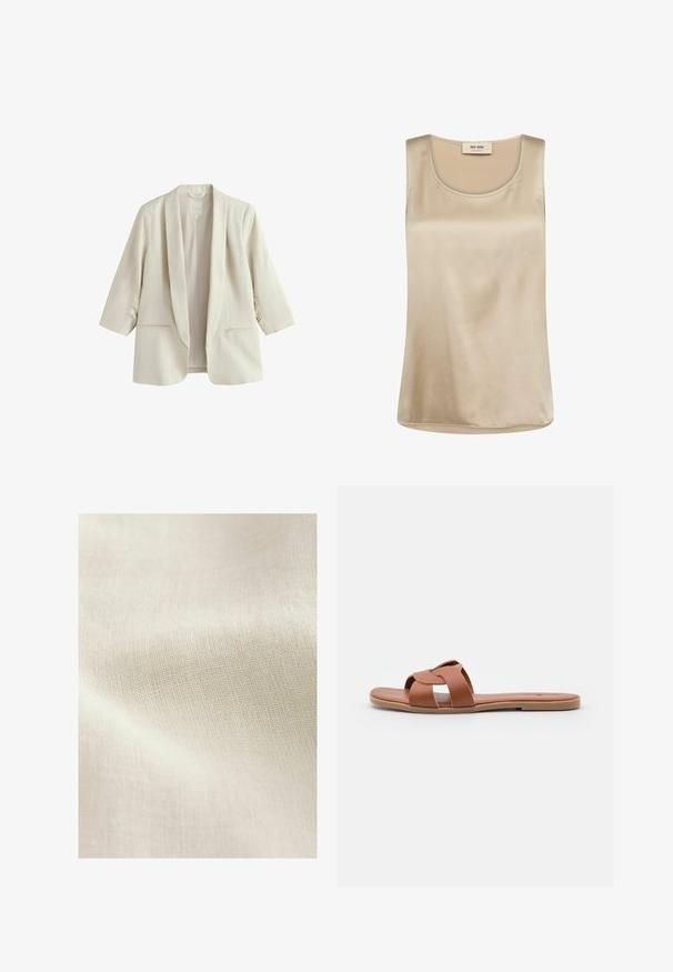Crèmekleurig damesblazer met driekwart mouwen, sjaalkraag en twee voorzakken, gemaakt van linnen stof.; Mouwloze beige satijnen top met ronde hals en Mos Mosh-label aan de binnenzijde van de kraag.; Lichtbeige gemêleerde stof met een geweven patroon, die subtiele variaties in kleur en oppervlakte details toont. Over het algemeen een zachte, gladde textuur.; Bruine platte sandaalslippers van soepel leer met een kruissprayontwerp, met een vlakke zool en een minimalistische stijl.