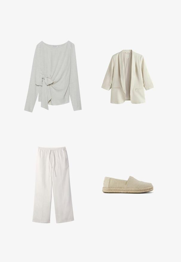 Crèmekleurig damesblazer met driekwart mouwen, sjaalkraag en twee voorzakken, gemaakt van linnen stof.; Langsleeve top in lichtbeige linnenmix, met een gedraaide knoopdetails aan één zijde, ronde halslijn en een losse pasvorm.; Witte broek met brede pijpen, elastische tailleband en voorste trekkoord op een effen witte achtergrond.; Beige instapschoen espadrille met een bovenmateriaal van geweven stof en een gevlochten jute zool, zijaanzicht op een witte achtergrond.