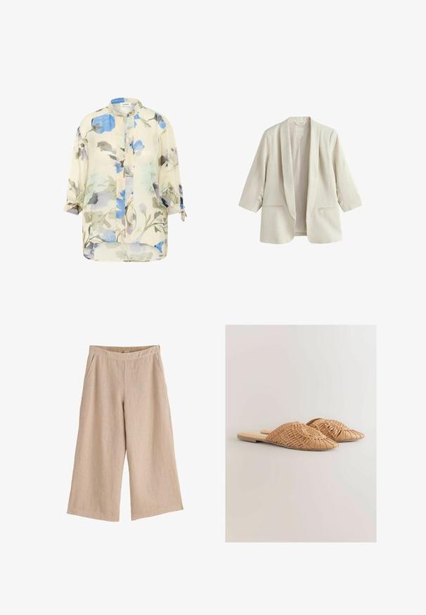 Kvinde blazer i cremefarve med trekvartærmer, sjalkrave og to forlommer, lavet af linnedstof.; Lettet, gennemsigtig bluse med blomstermønster i nuancer af blå og grå på en cremefarvet baggrund. Har lange ærmer med oprullede manchetter og en ståkrave.; Beige vide bukser med elastisk taljebånd og sidelommer, lavet af letvægtsstof.; Vævede læder slidesandaler i lysebrun, med et oversized vævet overdelsdesign og en flad sål. Spidse tæer giver et elegant udseende.