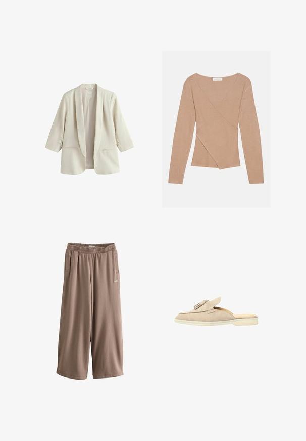 Blazer pour femme couleur crème avec manches trois-quarts, col châle et deux poches avant, en tissu de lin.; Top beige à manches longues côtelé avec un décolleté en V profond et un design croisé à l'avant. La texture douce et la coupe ajustée mettent en valeur l'élasticité du tissu.; Pantalon de survêtement court à jambes larges couleur taupe, taille élastique, poches latérales, avec petit logo blanc "self." sur la cuisse gauche.; Chaussure en daim beige à enfiler avec un bout pointu, détail de frange et une semelle en caoutchouc basse. Texture lisse et design épuré sans embellissements visibles.