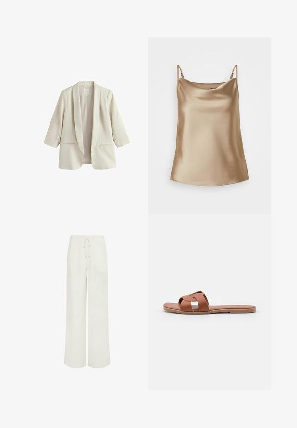 Kvinde blazer i cremefarve med trekvartærmer, sjalkrave og to forlommer, lavet af linnedstof.; Satin top i lys beige med tynde stropper og en blødt draperet halsudskæring, der har en glat, blank overflade.; Hvide bukser med vide ben, elastisk talje og snøre, vist mod en ensfarvet hvid baggrund.; Brune flade slide-sandaler lavet af glat læder med et krydset remdesign, der har en flad sål og en minimalistisk stil.