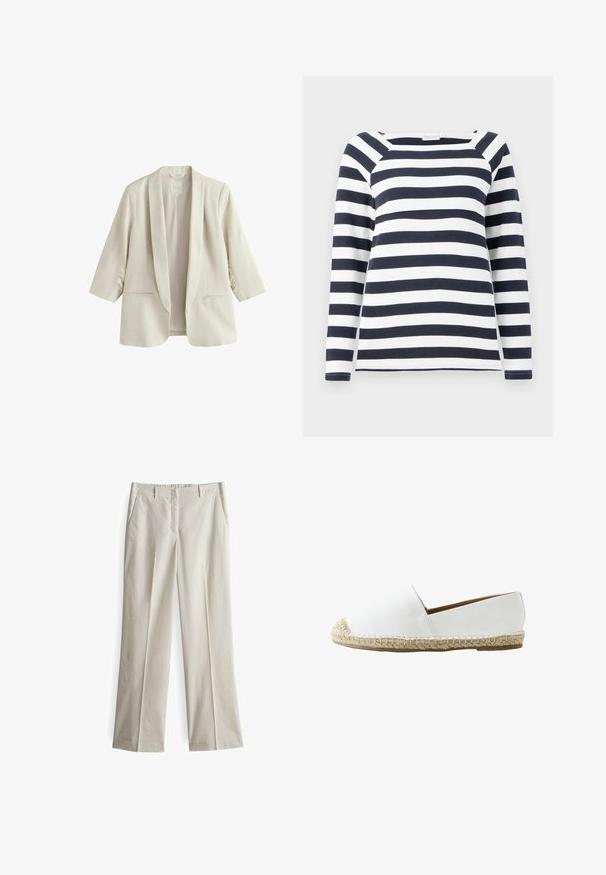 Crèmekleurig damesblazer met driekwart mouwen, sjaalkraag en twee voorzakken, gemaakt van linnen stof.; TOM TAILOR STRIPED CARRE NECK - Longsleeve - lunar eclipse/off white; Lichtbeige wijde broek van katoenstof. Beschikt over zijzakken en een glad, recht vooraan ontwerp, met een lichte kreukelstructuur.; Witte instap-espadrille met gevlochten jutezool en afgeronde neus, ontworpen voor casual gebruik.