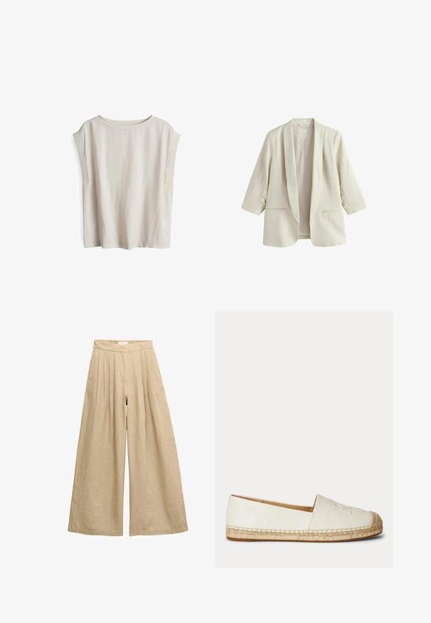 Crèmekleurig damesblazer met driekwart mouwen, sjaalkraag en twee voorzakken, gemaakt van linnen stof.; Korte mouw licht beige top, gemaakt van zachte stof, met een wijd uitsnijdende halslijn en verlaagde schoudernaden, met een relaxte pasvorm en een minimalistisch design.; Beige linnen broek met hoge taille en wijde pijpen, plooien bij de taille en een verborgen voorzijde sluiting.; Witte instapespadrille met gevlochten jutezool en gestikte details langs de randen, gezien van de buitenkant.