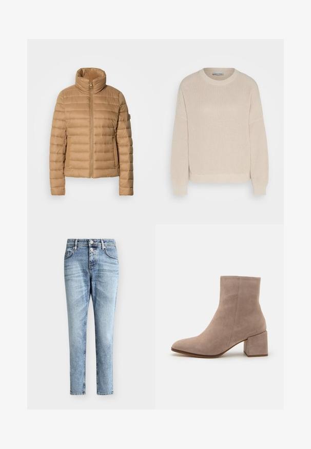 Beige puffjakke med høj krave, vandret quiltet design, lynlås lukning og sidelommer, lavet af et glat, let stof.; Anna Field by Zalando Striktrøje - grey; Lyseblå højtaljede jeans med to frontknapper, frontlommer og et slankt, lige ben.; Beige ruskind ankelstøvle med spids tå og en chunky kvadratisk hæl. Overfladen er glat med en blød tekstur og minimal dekoration.
