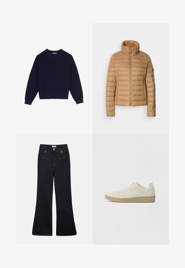 Beige puffjakke med høj krave, vandret quiltet design, lynlås lukning og sidelommer, lavet af et glat, let stof.; Marineblå strikket sweater med ribbestruktur, rund halsudskæring, nedsatte skuldre og cropped kant. Blødt materiale med lange ærmer.; Sorte denim jeans med høj talje, flared ben, to frontlommer og orange syninger. Materialet ser solidt og glat ud.; Beige ruskind sneakers med et struktureret design, flad gummisål og karakteristisk sidesyning. Rund tå og polstret krave.