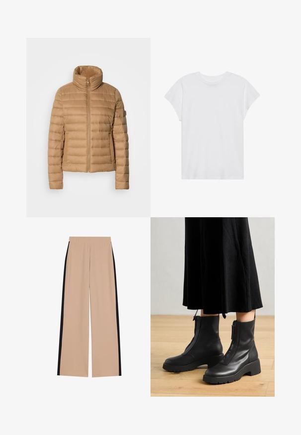 Beige puffjakke med høj krave, vandret quiltet design, lynlås lukning og sidelommer, lavet af et glat, let stof.; Hvid kortærmet t-shirt med rund hals, afslappet pasform, lavet af blødt bomuldsstof. Glat tekstur, ingen mønstre eller logoer.; Beige bredde ben bukser med en glat overflade, der har sorte sidelister. Taljeelastikken sikrer komfort og nem påklædning.; Sorte læder ankelstøvler med en kraftig platformsål og en frontlynlås. Glat tekstur med et minimalistisk design.