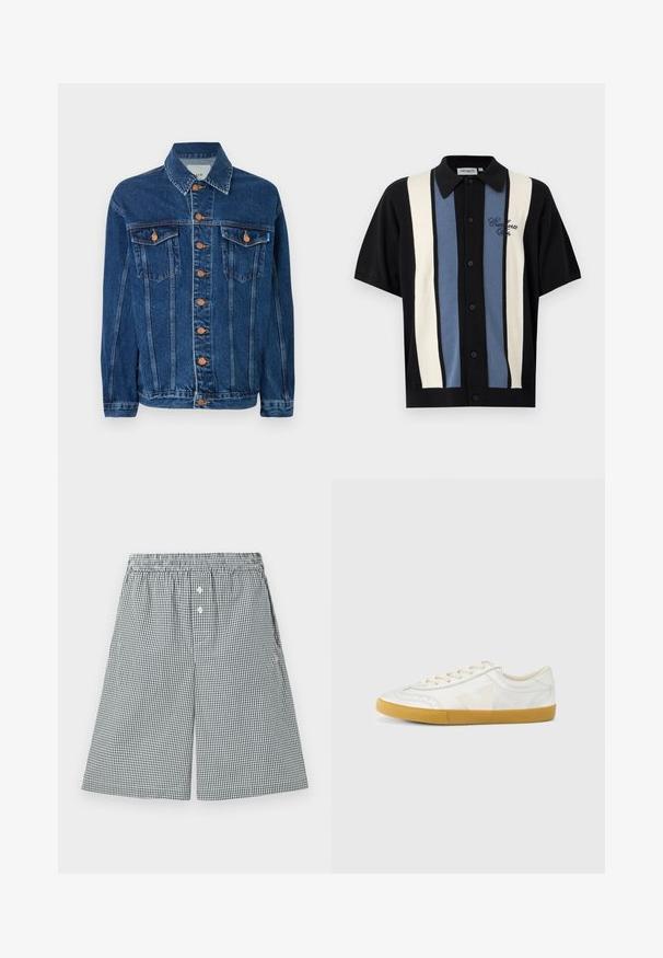 Veste en jean bleu foncé, avec des boutons orange-brun, deux poches poitrine, et un col classique. Le tissu a une surface texturée.; Chemise noire à manches courtes avec boutons, rayures verticales crème et bleues, et broderie "Carhartt WIP" sur la poitrine gauche.; Shorts à motif vichy noir et blanc, fabriqués en tissu léger. Présentent une taille élastique et des détails en boutons à l'avant.; Baskets en cuir blanc à texture lisse, avec un logo "V" beige, un bout rond, un design à lacets et une semelle en caoutchouc gomme.