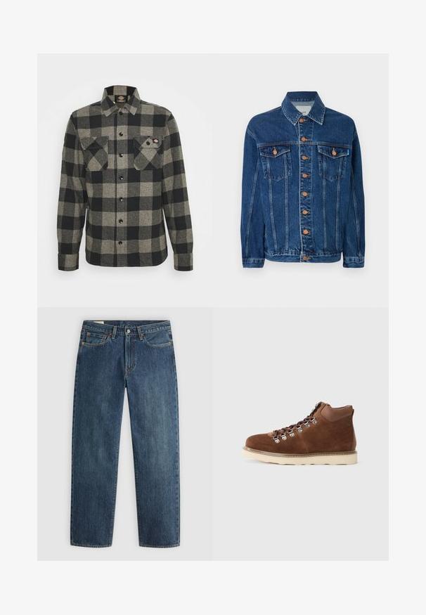 Jeansjacke in Dunkelblau mit orange-braunen Knöpfen, zwei Brusttaschen und klassischem Kragen. Der Stoff hat eine strukturierte Oberfläche.; Schwarzes und graues kariertes Flanellhemd mit langen Ärmeln, Knopfverschluss vorne, zwei Brusttaschen und einem leicht abgerundeten Saum. Strukturiert. ; Dunkelblaue Jeans aus Denim mit geradem Schnitt, fünf Taschen, sichtbaren Nähten und einem Metallknopfverschluss an der Taille. Stoff mittlerer Dicke.; Braune Wildleder-Wanderschuhe mit hohem Schaft, Metallösen und einer hellen Gummisohle. Mit kontrastierenden Nähten und einem gepolsterten Kragen.