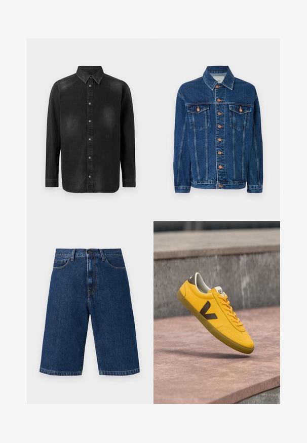 Denimjakke i mørkeblå med orange-brune knapper, to brystlommer og en klassisk krave. Stoffet har en struktureret overflade.; Sort denimskjorte med button-down krave, lange ærmer og frontlukning med knapper. Har diskret falmning og en skræddersyet pasform.; Mørkeblå denim knælange shorts med knap foran, lynlås, bæltestropper, to forlommer og synlig orange syning.; Gul sneaker med en glat læderoverdel, brune accenter, snøredesign og en gummisål. Har en kontrasterende V-logo på siden.