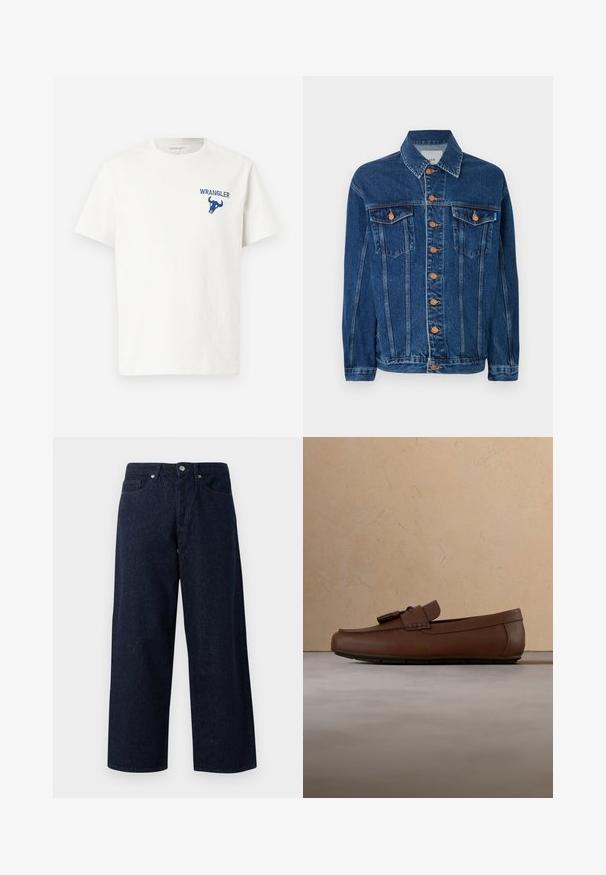 Denimjakke i mørkeblå med orange-brune knapper, to brystlommer og en klassisk krave. Stoffet har en struktureret overflade.; Hvid bomulds t-shirt med et blåt Wrangler-logo og en tyr-grafik på venstre brystområde. Korte ærmer og rund halsudskæring.; Mørkeblå denim brede jeans med knaplukning, forlommer og subtil tekstur, med lige kanter og en afslappet pasform.; Brun læderloafer med frynser, der hviler på et beige struktureret tæppe foran en lysebrun sofa.