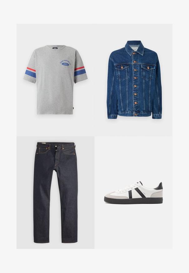 Chaqueta vaquera en azul oscuro, con botones color marrón anaranjado, dos bolsillos en el pecho y un cuello clásico. La tela tiene una superficie texturizada.; Camiseta de algodón gris con mangas cortas, que presenta rayas azules y rojas en las mangas y el logo "Ford Motor Co" en azul en el pecho.; Vaqueros de mezclilla azul oscuro con diseño de pierna recta, con costuras naranjas y estilo clásico de cinco bolsillos. Cierre de botón y cremallera.; Zapatilla blanca con acentos en negro y gris, que presenta una puntera texturizada en gris, suela de goma negra y cordones planos blancos. Diseño limpio, estilo minimalista.