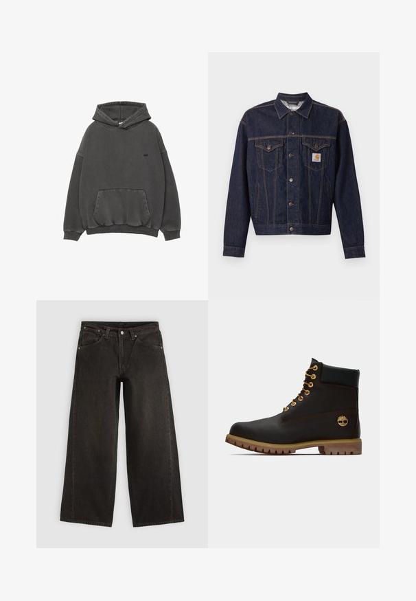Mørkeblå denimjakke med knaplukning foran, to brystlommer med klap, sidelommer og orange Carhartt-logo på venstre brystlomme.; Mørkegrå hætte sweatshirt med frontlomme, ribbede ærmer og kant, samt lille sort broderet logo på brystet.; Sorte vidbenede denimjeans med forlommer, knaplukning og bæltestropper, vist fladt på en lys baggrund.; Sorte læder ankelstøvle med gyldne øjer, brune detaljer og gummisål. Har en polstret krave og præget logo på siden.