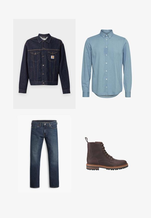 Mørkeblå denimjakke med knaplukning foran, to brystlommer med klap, sidelommer og orange Carhartt-logo på venstre brystlomme.; Lyseblå denimskjorte med knap-ned krave, lange ærmer og buet kant. Har forkant med hvide knapper.; Herre mørkeblå jeans med lige ben, fem lommer og knaplukning, vist fladt mod en hvid baggrund.; Brune læder støvler med snørebånd ved anklen, med en tekstureret overflade, kontrasterende beige såler og metaløjer. Har en trækflig for nem påtagning.