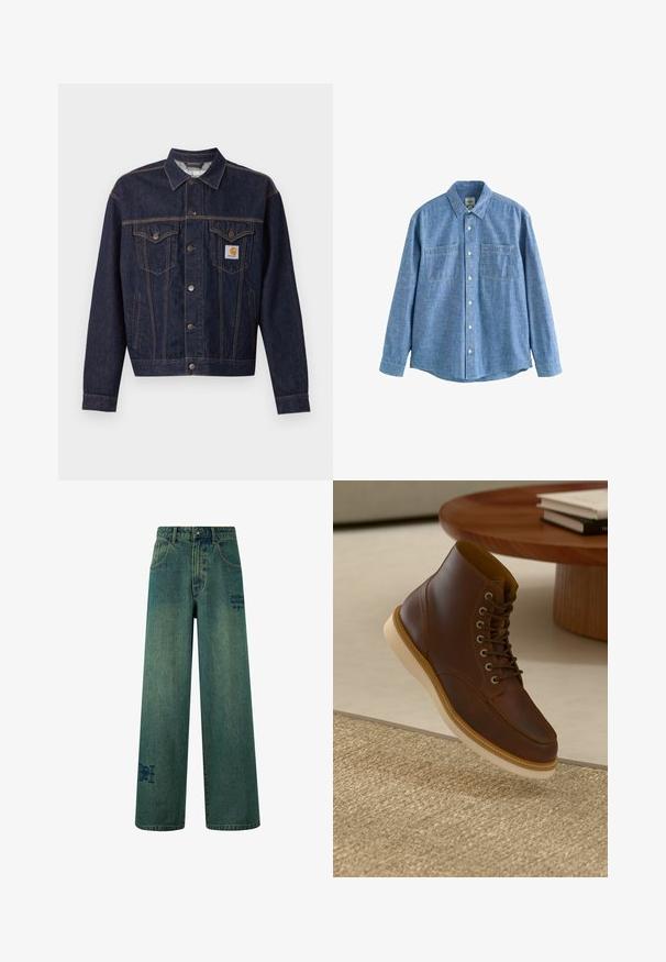 Donkerblauwe spijkerjas met knoopsluiting aan de voorkant, twee borstzakken met klep, zijzakken en een oranje Carhartt-logo op het linker borstzakje.; Blauw chambray overhemd met lange mouwen, knoopsluiting aan de voorkant en twee borstzakken, plat gelegd op een witte achtergrond.; Brede jeans in donkerblauwe denim met een subtiele vervaagde textuur. Bevat achterzakken en een decoratieve logo-detail.; Bruine leren enkelboot met beige zool op een gestructureerd beige vloerkleed naast een ronde houten tafel met opgestapelde boeken.