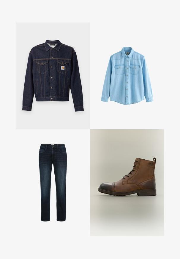 Dunkelblaue Jeansjacke mit Knopfleiste vorne, zwei Brustklappentaschen, Seitentaschen und orangefarbenem Carhartt-Logo-Patch auf der linken Brusttasche.; Hellblaues langärmeliges Jeanshemd mit Knopfleiste vorne und zwei Brusttaschen mit Knopflaschenklappen.; Dunkelblaue Denim-Jeans mit geradem Bein, ausgestattet mit fünf Taschen, einem Knopfverschluss und dezentem Verblassen an den Oberschenkeln.; Brauner Leder-Schnürstiefel bis zum Knöchel mit schwarzer Zehenkappe, runder Sohle und Markenlabel an der Seite vor schlichtem Hintergrund.