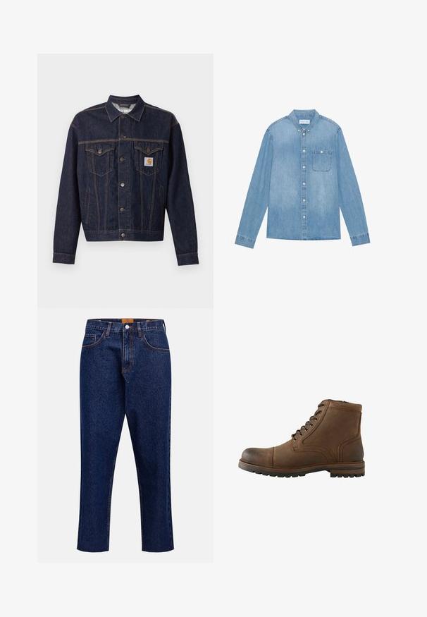 Mørkeblå denimjakke med knaplukning foran, to brystlommer med klap, sidelommer og orange Carhartt-logo på venstre brystlomme.; Lys blå denim skjorte med knapper, lange ærmer, spids krave, en enkelt brystlomme og subtil falmning på stoffet.; Mørkeblå denimjeans med lige snit, høj talje, fem lommer og frynset kant. Kontrastsyning og detalje med knaplukning.; Brun læderankelstøvle med snørelukning foran og robust sål, designet til casual eller udendørs brug.