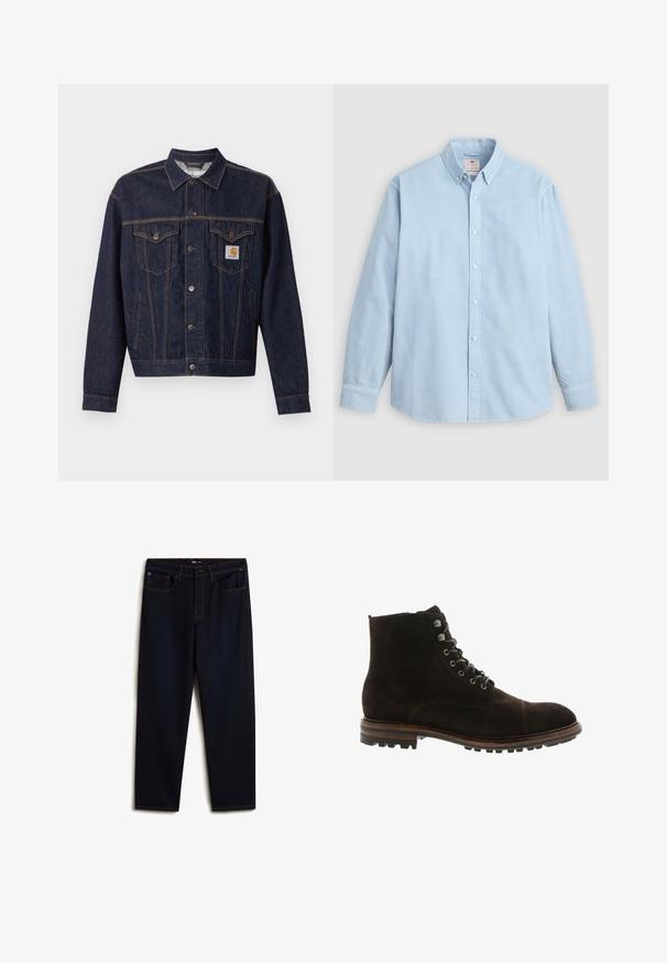Mørkeblå denimjakke med knaplukning foran, to brystlommer med klap, sidelommer og orange Carhartt-logo på venstre brystlomme.; Lyseblå langærmet skjorte med knapper og knaplukket krave samt enkelt brystlomme, lagt fladt på en grå baggrund.; Vans Jeans Relaxed Fit - dark blue; Blackstone Snørestøvletter - brown