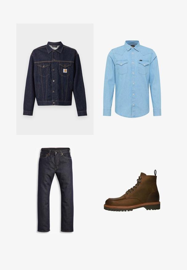 Donkerblauwe spijkerjas met knoopsluiting aan de voorkant, twee borstzakken met klep, zijzakken en een oranje Carhartt-logo op het linker borstzakje.; Lichtblauw denim overhemd met lange mouwen, knoopsluiting, twee achterzakken met knoop, puntige kraag en klein Lee-logo op de linkerzak.; Donkerblauwe denim jeans met rechte snit, vijf zakken, metalen hardware en contrasterende oranje stiksels. Glad oppervlak, geen zichtbare patronen.; Bruine leren enkellaarzen met een ronde neus, metalen oogjes en een robuuste rubberen zool. Inclusief een trekband voor gemakkelijk aan- en uittrekken.