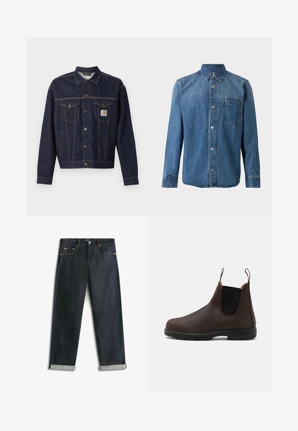 Veste en denim bleu foncé avec fermeture boutonnée, deux poches poitrine à rabat, poches latérales et patch logo Carhartt orange sur la poche poitrine gauche.; Chemise en denim bleu à manches longues avec des boutons sur le devant, col pointu et une poche poitrine unique sur fond blanc.; Jean en denim bleu foncé avec revers roulés, cinq poches et coutures contrastées, posé à plat sur un fond blanc.; Bottines en cuir brun avec des panneaux élastiques sur les côtés et des boucles, présentant une surface texturée et une semelle en caoutchouc noir durable.