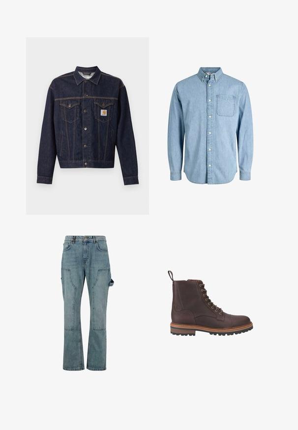 Tummansininen farkkutakki napillisen edessä, kaksi läppätaskua rinnassa, sivutaskut ja oranssi Carhartt-logo vasemmassa rintataskussa.; Vaaleansininen farkkupaita, jossa on pitkät hihat, kaulus, etutasku ja hillitty tekstuuri. Edessä valkoiset napit plaketissa.; Vaaleansiniset denim cargo-housut suoranlahkeisella muotoilulla, joissa on useita taskuja ja nappikiinnitys vyötäröllä.; Ruskeat nahkaiset nauhalliset nilkkurit, joissa on teksturoidu pintaviimeistely, kontrastiväriset beiget pohjat ja metalliset kengännauhan reiät. Varustettu vetoluupilla helppoon pukeutumiseen.