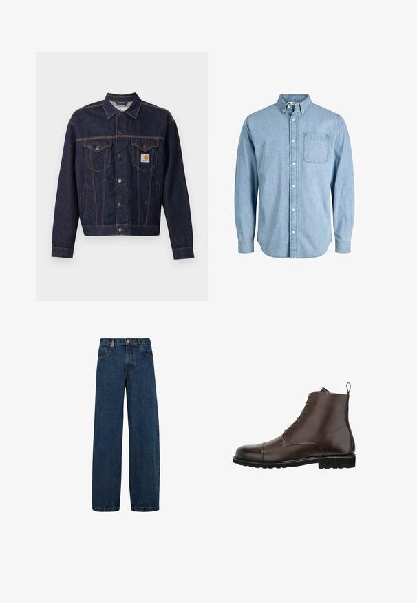 Chaqueta vaquera azul oscuro con cierre de botones, dos bolsillos con solapa en el pecho, bolsillos laterales y parche con el logo naranja de Carhartt en el bolsillo izquierdo del pecho.; Camisa de mezclilla azul claro con botones, manga larga, cuello, bolsillo delantero y una textura sutil. Cuenta con botones blancos a lo largo de la tapeta.; Vaqueros de mezclilla en azul oscuro, con un corte de pierna ancha, diseño de cinco bolsillos y un cierre clásico de botón con cremallera de metal.; Bota de cuero marrón oscuro para tobillo con cordones, puntera reforzada, lengüeta en el talón y suela de goma negra con patrón de tracción.