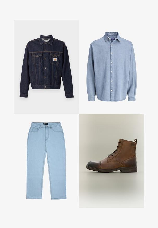 Donkerblauwe spijkerjas met knoopsluiting aan de voorkant, twee borstzakken met klep, zijzakken en een oranje Carhartt-logo op het linker borstzakje.; Lichtblauwe denim lange mouw knoophemd met kraag en witte knopen, weergegeven tegen een effen witte achtergrond.; Lichtblauwe jeans met rechte pijpen, voorzakken, riemlussen, knoopsluiting en zichtbare stikdetails.; Bruine leren enkellaars met veters, zwarte neuskap, ronde zool en merkdetail aan de zijkant tegen een effen achtergrond.