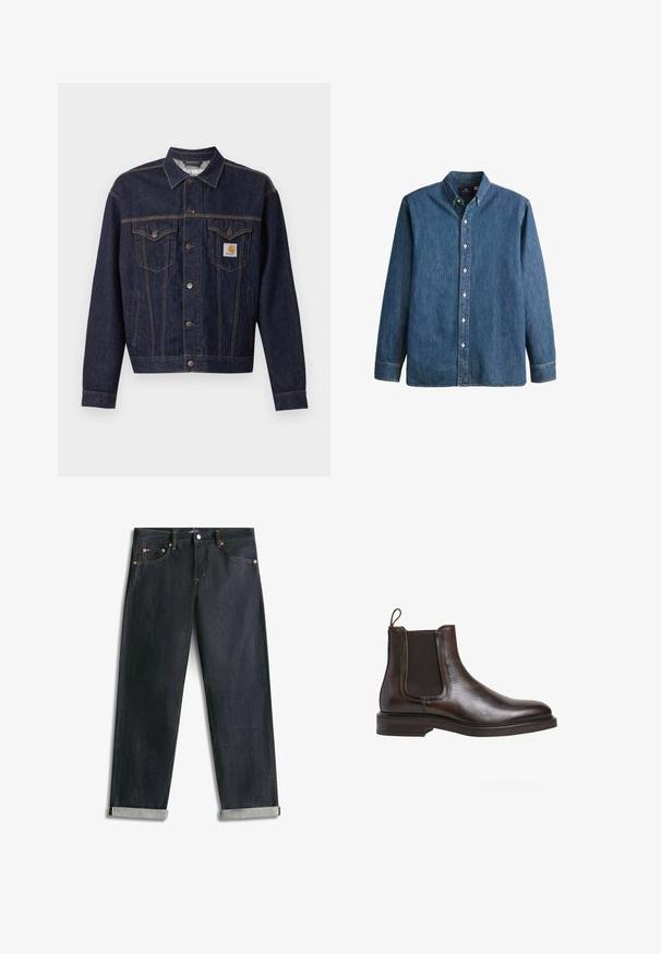 Mørkeblå denimjakke med knaplukning foran, to brystlommer med klap, sidelommer og orange Carhartt-logo på venstre brystlomme.; Denim button-up skjorte i mellemblå, med lange ærmer, spidse kraver, hvide knapper og en tætsiddende pasform med diskret logo broderi.; Mørkeblå denimjeans med opsmøgede bukseben, fem lommer og kontrastsyning, lagt fladt på en hvid baggrund.; Brune læder Chelsea støvle med elastiske sidepaneler, løkke til at trække op med, og en lav stablet hæl. Glat tekstur og slank silhuet.