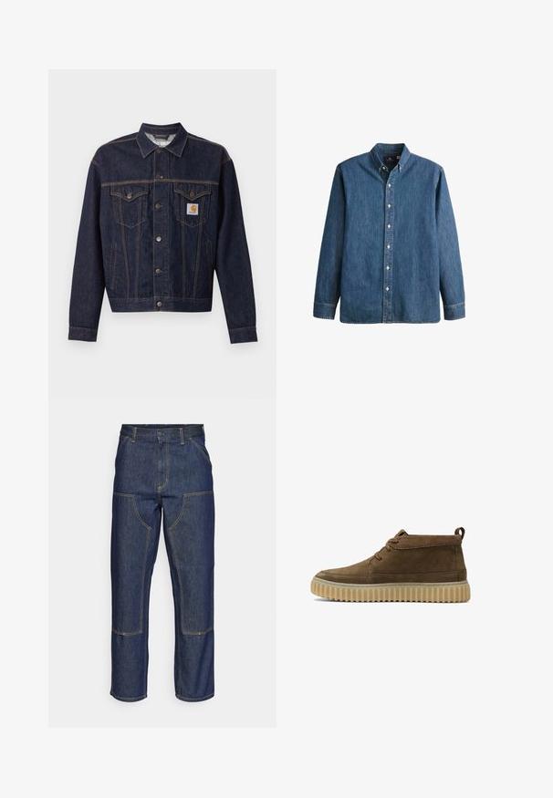 Dunkelblaue Jeansjacke mit Knopfleiste vorne, zwei Brustklappentaschen, Seitentaschen und orangefarbenem Carhartt-Logo-Patch auf der linken Brusttasche.; Denim-Hemd in Mittelblau, mit langen Ärmeln, spitzem Kragen, weißen Knöpfen und einer taillierten Passform sowie dezentem Logostick.; Dunkelblaue Jeans aus Denim mit hoher Taille, geradem Bein-Design, kontrastierenden Nähten und aufgesetzten Taschen auf der Vorderseite.; Braune Wildleder-Stiefeletten mit runder Zehenform, minimalen Nähten und einer strukturierten, klobigen Gummisohle. Mit Schnürdesign und Fersenlasche.