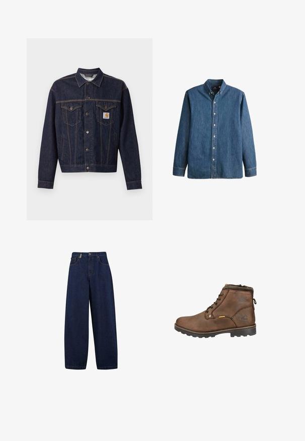 Donkerblauwe spijkerjas met knoopsluiting aan de voorkant, twee borstzakken met klep, zijzakken en een oranje Carhartt-logo op het linker borstzakje.; Denim overhemd met knopen in middelblauwe kleur, met lange mouwen, een puntkraag, witte knopen en een getailleerde pasvorm met subtiele geborduurde logo.; Losse, donkerblauwe denim jeans met een hoge taille, frontzakken en een recht model. Inclusief zilverkleurige hardware en minimale stiksels.; Mokkaleren enkellaars met ronde neus, vetersluiting, gevoerde kraag en een getextureerde rubberen zool. Met logo en metalen accenten.