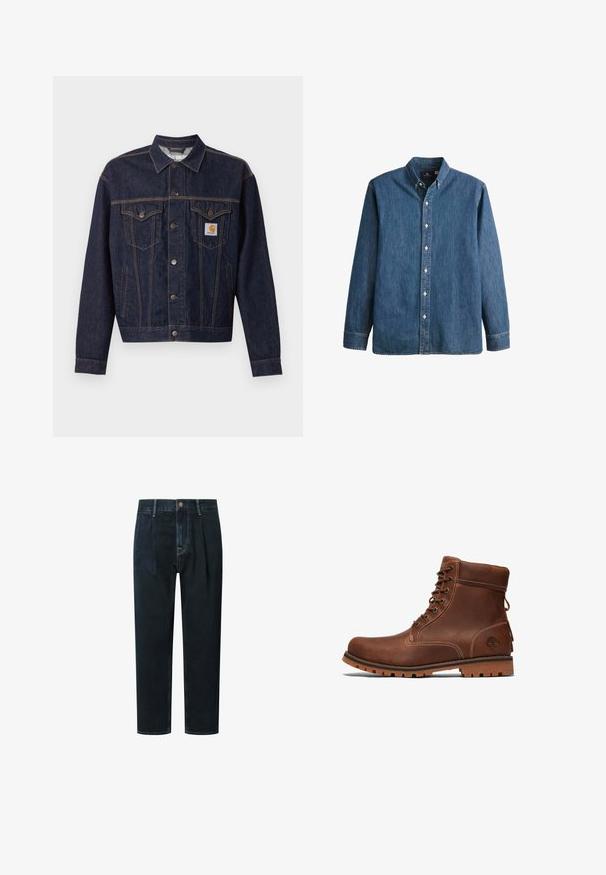 Chaqueta vaquera azul oscuro con cierre de botones, dos bolsillos con solapa en el pecho, bolsillos laterales y parche con el logo naranja de Carhartt en el bolsillo izquierdo del pecho.; Camisa de mezclilla de botón en azul medio, con mangas largas, collar puntiagudo, botones blancos y un corte ajustado con un sutil bordado de logo.; Pantalones de mezclilla oscura con un ajuste holgado, que cuentan con una cintura alta, pliegues, cierre frontal con botón y costuras de contraste doradas.; Botín de cuero marrón hasta el tobillo con diseño de cordones, cuello acolchado, costuras en contraste y suela de goma con un patrón de textura.