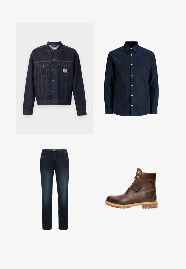 Mørkeblå denimjakke med knaplukning foran, to brystlommer med klap, sidelommer og orange Carhartt-logo på venstre brystlomme.; Mørkeblå denimskjorte med lange ærmer, hvide knapper og spids krave, vist på hvid baggrund.; Mørk vaskede denimjeans med lige ben, der har fem lommer, knaplukning og subtil fading langs lårene.; Brun læder ankelstøvle med rund tå, solid sål, hardware i guldtone og en tekstureret overdel. Inkluderer et logo-tagfæstet.