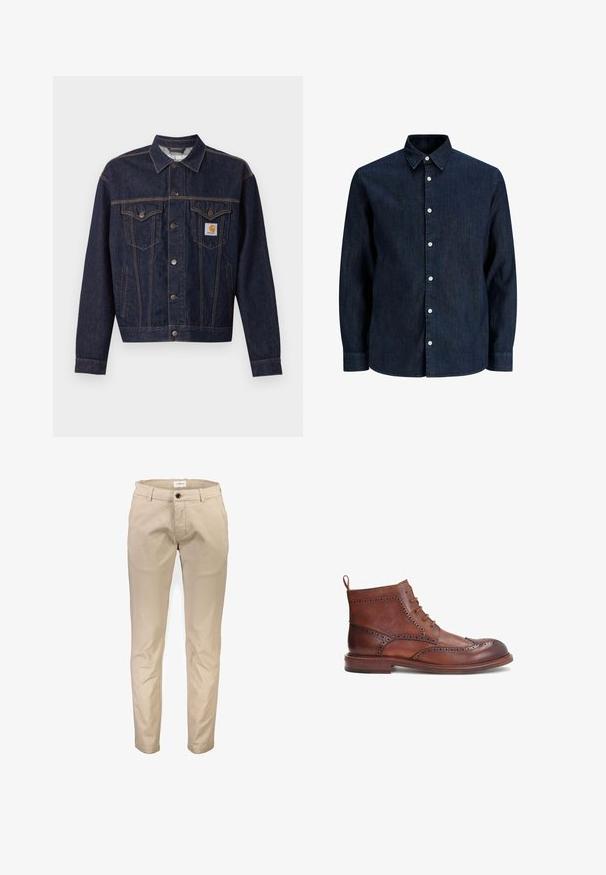 Veste en denim bleu foncé avec fermeture boutonnée, deux poches poitrine à rabat, poches latérales et patch logo Carhartt orange sur la poche poitrine gauche.; Chemise en denim bleu foncé à manches longues avec des boutons blancs et un col pointu, présentée sur fond blanc.; Pantalon en coton beige avec une coupe droite, doté de poches avant, d'une fermeture éclair et d'un bouton unique. Texture lisse, sans motifs.; Botte en cuir marron avec des détails brogue décoratifs, bout rond, design à lacets et un petit talon empilé. Comprend une languette à l'arrière.