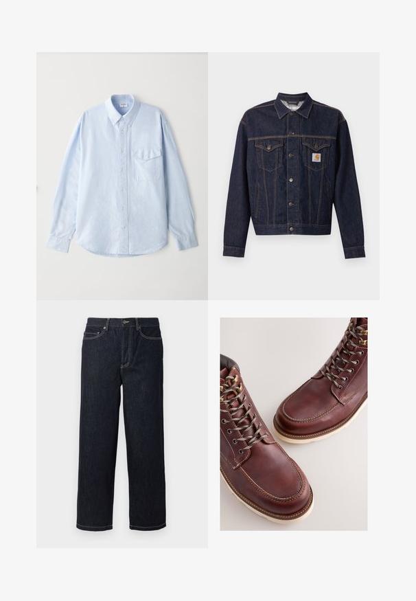 Mørkeblå denimjakke med knaplukning foran, to brystlommer med klap, sidelommer og orange Carhartt-logo på venstre brystlomme.; Lyseblå skjorte med knapper lavet af blødt stof, med klassisk krave, lange ærmer og en brystlomme med klap.; Mørkeblå lige ben denim jeans med fem lommer og hvide kontrastsyninger, knaplukning og bæltestropper.; Brune læderstøvler med en glat finish, med metal-øjer, grå snørebånd og en cremefarvet gummisål. Syning langs kanterne som detalje.