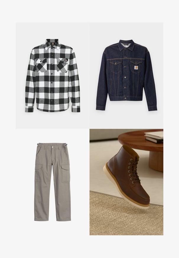 Dunkelblaue Jeansjacke mit Knopfleiste vorne, zwei Brustklappentaschen, Seitentaschen und orangefarbenem Carhartt-Logo-Patch auf der linken Brusttasche.; Schwarz-weißes Flanellhemd mit Karomuster, ausgestattet mit zwei Brusttaschen, Knopfleiste und Kragen. Weicher, strukturierten Stoff.; Cargo-Hosen aus hellgrauem Stoff, mit zwei großen Seitentaschen, Fronttaschen, einem Knopfverschluss und lockerer Passform.; Braune Leder-Ankle-Boots mit beiger Sohle auf einem strukturierten beigen Teppich neben einem runden Holztisch mit gestapelten Büchern.