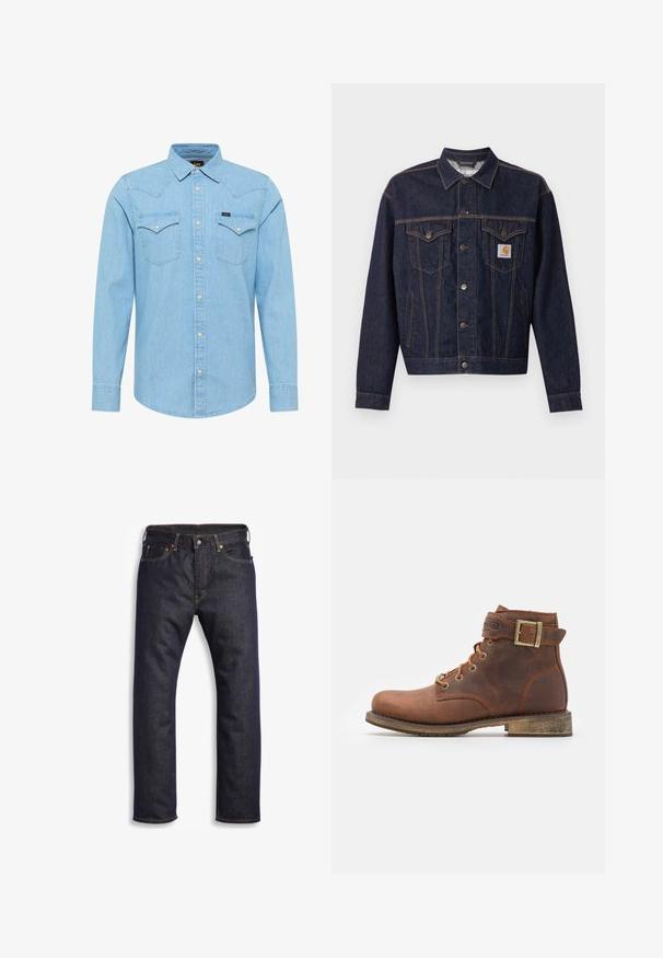Mørkeblå denimjakke med knaplukning foran, to brystlommer med klap, sidelommer og orange Carhartt-logo på venstre brystlomme.; Lyseblå denimskjorte med lange ærmer, knaplukning, to brystlommer med knapper, spids krave og lille Lee-logo på venstre lomme.; Mørkeblå denimjeans med lige snit, fem-lomme design, metalbeslag og kontrasterende orange syninger. Glat tekstur, ingen synlige mønstre.; Harley Davidson VNTGMOTO SHORT RIDING APPROVED - Cowboy- / bikerstøvlette - brown