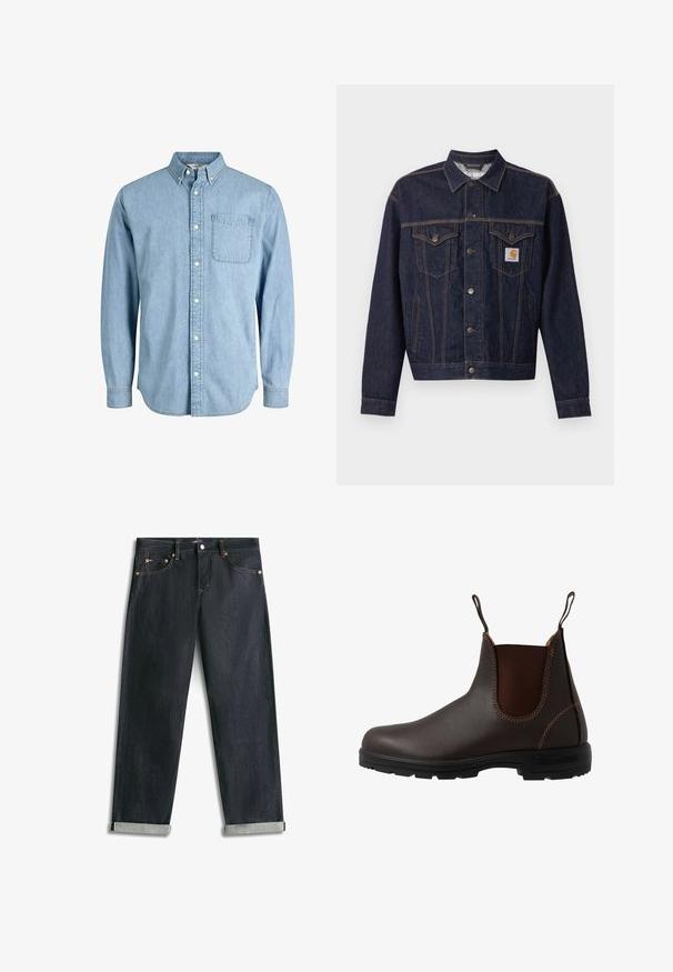 Veste en denim bleu foncé avec fermeture boutonnée, deux poches poitrine à rabat, poches latérales et patch logo Carhartt orange sur la poche poitrine gauche.; Chemise en denim bleu clair à boutons, manches longues, col, poche avant et texture subtile. Présente des boutons blancs le long de la patte de boutonnage.; Jean en denim bleu foncé avec revers roulés, cinq poches et coutures contrastées, posé à plat sur un fond blanc.; Botte Chelsea en cuir marron avec panneau latéral élastique, coutures marron, languettes de tirage, et une semelle en caoutchouc durable avec un motif texturé.