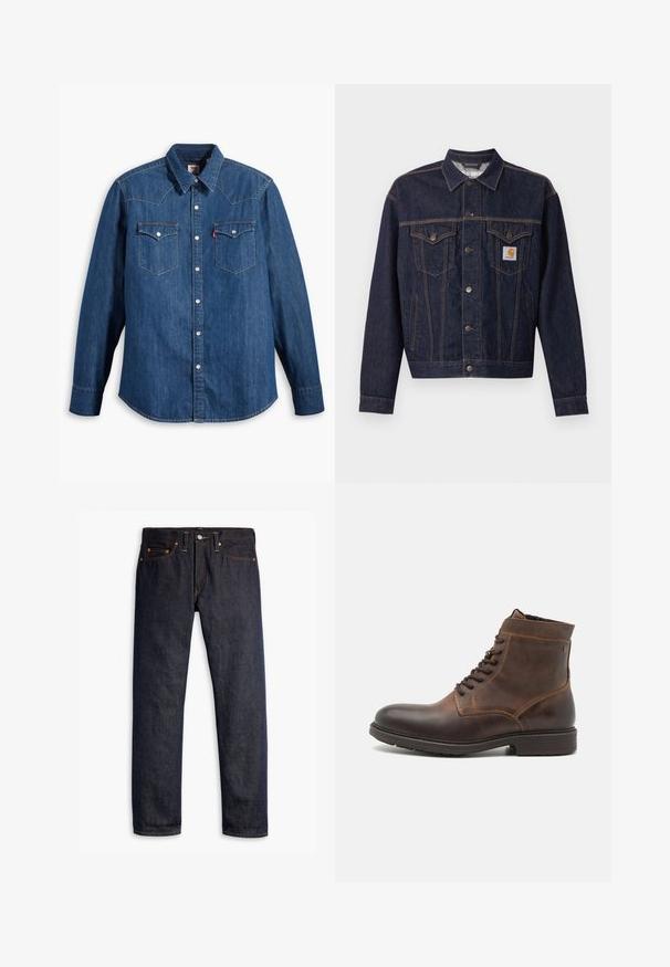 Dunkelblaue Jeansjacke mit Knopfleiste vorne, zwei Brustklappentaschen, Seitentaschen und orangefarbenem Carhartt-Logo-Patch auf der linken Brusttasche.; Dunkelblaue Jeanshemd mit langen Ärmeln, spitzem Kragen und Druckknöpfen. Verfügt über zwei Brusttaschen mit Klappen und kontrastierenden Nähten.; Dunkelblaue Jeans aus Denim mit geradem Schnitt, fünf Taschen-Design, kupfernen Nieten, gelben Nähten und einem ausgeprägten strukturierten Stoff.; Jack & Jones JFWDELANEY BOOT - Schnürstiefelette - cognac