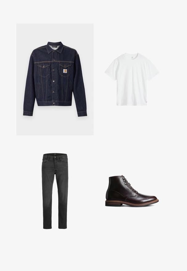 Donkerblauwe spijkerjas met knoopsluiting aan de voorkant, twee borstzakken met klep, zijzakken en een oranje Carhartt-logo op het linker borstzakje.; Wit katoenen T-shirt met een ronde hals, korte mouwen en een ontspannen pasvorm. Voorzien van een klein merklipje aan de linkeronderkant.; Zwarte denim jeans met een recht model, vijfzakken ontwerp en ritsluiting. Bevat subtiele vervaging en contrasterende stiksels.; Donkerbruine leren enkellaars met ronde neus, vetersluiting aan de voorkant en een gestapeld hak op een witte achtergrond.