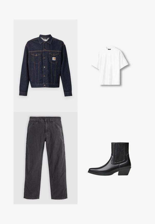 Mørkeblå denimjakke med knaplukning foran, to brystlommer med klap, sidelommer og orange Carhartt-logo på venstre brystlomme.; Hvid, kortærmet oversize T-shirt med rund hals og sort label på indersiden af nakkekanten, vist på en lys baggrund.; Sortstribede bukser lavet af bomuldsblandingsstof. Har et lige ben-design, sidelommer og en knaplukning.; Sort læder ankelstøvle med spidse tæer, elastisk panel på siden og stablet blokhæl, vist fra den ydre side.