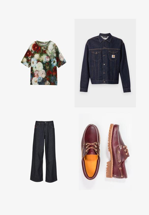 Chaqueta vaquera azul oscuro con cierre de botones, dos bolsillos con solapa en el pecho, bolsillos laterales y parche con el logo naranja de Carhartt en el bolsillo izquierdo del pecho.; Camiseta de manga corta con un patrón floral en tonos rojos, blancos, azules y verdes; fabricada con un tejido suave y con un escote redondo.; Vaqueros de pierna ancha de mezclilla en azul oscuro, con un diseño clásico de cinco bolsillos, costuras en contraste y bragueta de botones.; Zapatos de cuero burdeos con suelas de goma marrón, puntera redonda, costuras blancas y ojales dorados. El interior cuenta con un forro amarillo.