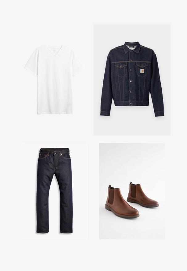 Dunkelblaue Jeansjacke mit Knopfleiste vorne, zwei Brustklappentaschen, Seitentaschen und orangefarbenem Carhartt-Logo-Patch auf der linken Brusttasche.; Weißes kurzärmliges V-Ausschnitt-T-Shirt aus Baumwolle. Verfügt über einen lässigen Schnitt und eine glatte Textur ohne sichtbare Muster oder Grafiken.; Dunkelblaue gerade geschnittene Jeans aus Denim mit fünf Taschen und orangefarbenen Kontrastnähten, flach auf einem weißen Hintergrund ausgelegt.; Braune Leder-Stiefeletten mit elastischen seitlichen Einsätzen, einer abgerundeten Spitze und einem gestapelten Absatz. Glatte Textur mit kontrastierenden braunen Akzenten.