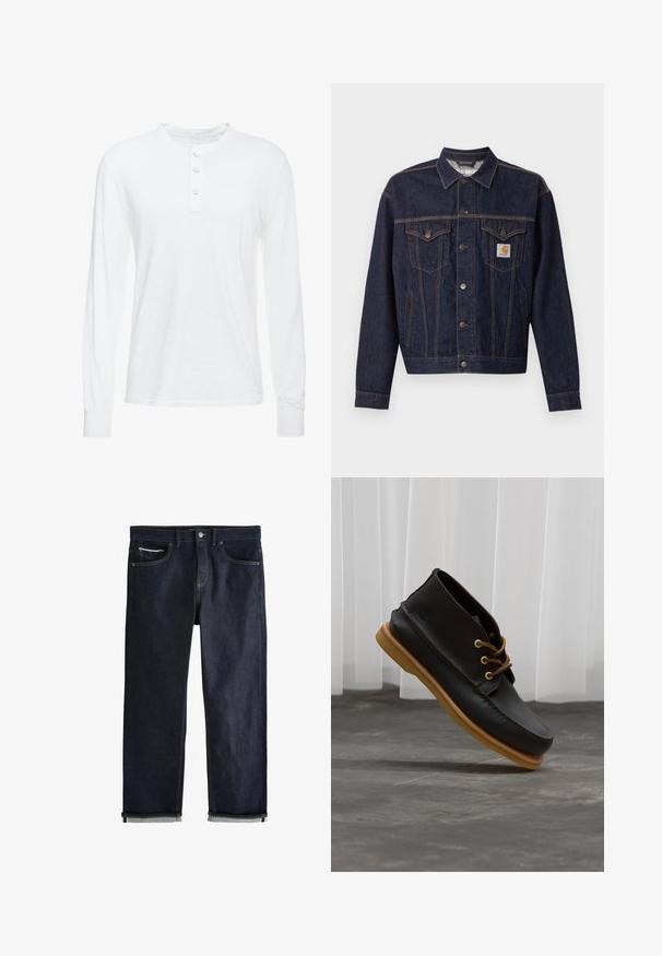 Chaqueta vaquera azul oscuro con cierre de botones, dos bolsillos con solapa en el pecho, bolsillos laterales y parche con el logo naranja de Carhartt en el bolsillo izquierdo del pecho.; Camisa henley de manga larga blanca en tejido ligero, con cuello redondo, tapeta de tres botones y puños ajustados.; Vaqueros de mezclilla azul oscuro con un ajuste recto clásico, que cuentan con cinco bolsillos, cierre de botones y puños doblados que muestran un forro azul claro.; Zapatos de cuero negro con un acabado suave, punta redonda, cordones marrones y suelas de goma marrón claro. Logo embossado en el costado.