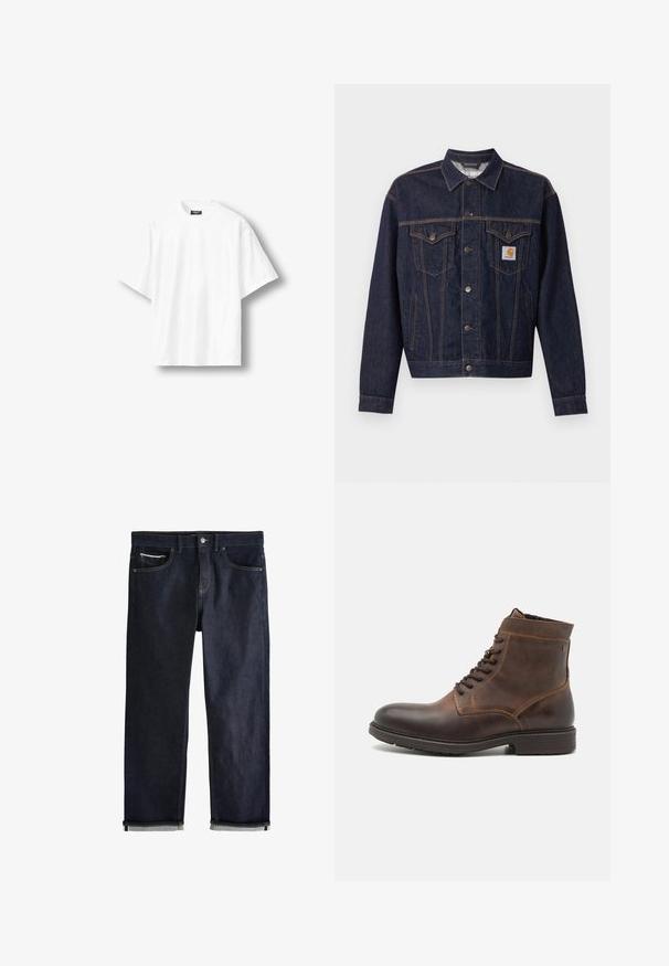 Donkerblauwe spijkerjas met knoopsluiting aan de voorkant, twee borstzakken met klep, zijzakken en een oranje Carhartt-logo op het linker borstzakje.; Effen wit oversized T-shirt met korte mouwen en een ronde hals, met een zwart label aan de binnenkant van de achterkant van de kraag, getoond op een lichte achtergrond.; Donkerblauwe spijkerbroek met een klassieke rechte pasvorm, voorzien van vijf zakken, een knoopsluiting en opgerolde boorden met een lichtblauwe voering.; Jack & Jones JFWDELANEY BOOT - Veterboots - cognac