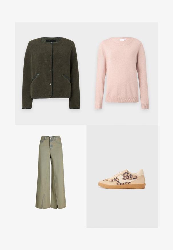 Fleecejakke i mørk olivengrøn med en struktureret overflade, rund halsudskærning, trykknapper og sorte accentplader på lommerne.; Lys pink sweater med rund halsudskæring, lange ærmer og ribbede manchetter og kant. Lavet af blødt stof med en glat tekstur.; Lysegrønne vide jeans lavet af denim, med høj talje, sideslids og klassiske lomme-detaljer.; Leopardprint sneakers med beige ruskindsoverdel, tan gummisål og hvide detaljer. Rund pegefinger og snørebåndsdesign med en tekstureret finish.