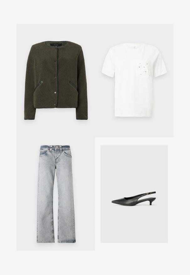 Fleecejakke i mørk olivengrøn med en struktureret overflade, rund halsudskærning, trykknapper og sorte accentplader på lommerne.; Hvid t-shirt med korte ærmer, rund hals og en frontlomme dekoreret med små hvide blomster og sølvperler.; Lyseblå denimjeans med vid benlængde. Standard talje, fem lomme-stil og synlige syninger langs sømmene.; Sorte spidse slingback-sko lavet af glat læder. Har en tynd hæl og en spænde detalje på den justerbare rem.