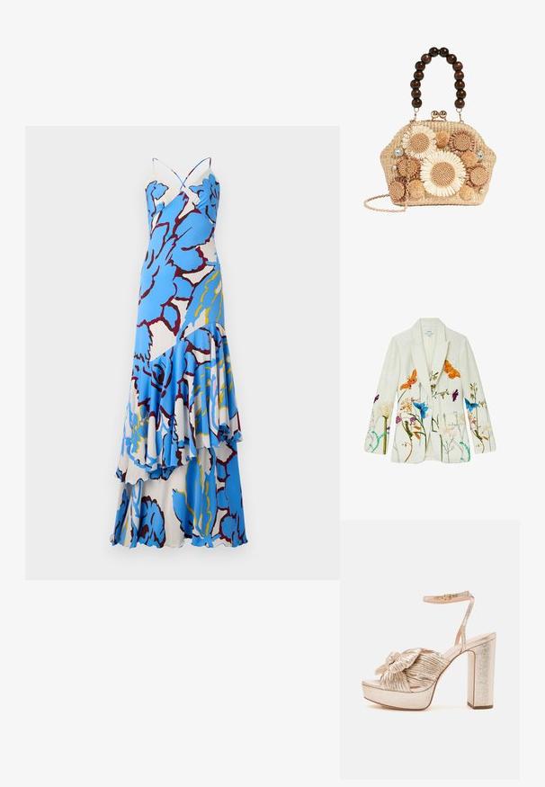 Crèmekleurige blazer met kleurrijke bloemen- en vlinderprints in oranje, blauw, paars en groen, met notch-revers en voorzakken.; Bloemen maxi jurk met een blauw-wit patroon, gedraaide bandjes en gelaagde ruches. Gemaakt van lichtgewicht stof met een vloeiende uitstraling.; Gouden sandalen met hakken en een platformontwerp, met een geknoopte textuur op de teenband en een smalle enkelband met een gesp.; Gevlochten strohandtas met grote donkere houten kraalhandgreep, bloemrijke haakwerkversieringen, pompons, strassteentjes en een gouden kettingriem.