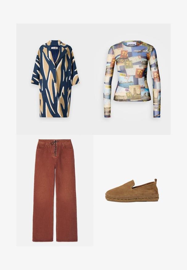 Kortærmet skjorte med et dristigt abstrakt mønster i marineblå, beige og hvid, med en afslappet pasform og en klippet krave. To forlommer.; Langærmet skjorte med et collage af vintage postkort og frimærker i blå, beige og grønne toner; glat, letvægtsstof.; Rustfarvede vide bukser med snørelukning foran, lavet af denim. Har to forlommer og en glat tekstur.; Brun ruskind slip-on espadrille med flettet jutesål og trækslynge ved hælen, vist i sideprofil på hvid baggrund.