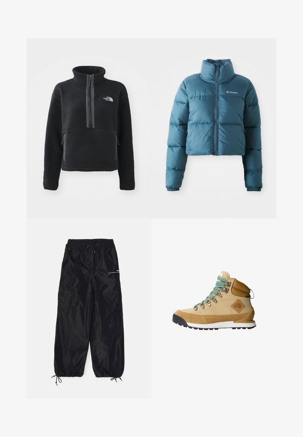 Veste matelassée bleue coupée, fabriquée en tissu résistant à l'eau. Elle possède un col haut, une fermeture éclair à l'avant et des coutures horizontales pour l'isolation.; Polaire noire à col montant, fermeture éclair au quart, poche avant et coutures contrastantes. Dispose du logo The North Face sur la poitrine.; Pantalons cargo noirs en nylon brillant avec une taille élastique, cordon de serrage réglable, poches latérales et poignets élastiques.; Botte de randonnée beige avec un dessus en suède et en toile, lacets turquoise, col rembourré et semelle en caoutchouc noir avec un motif de grip texturé.